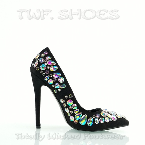 Big jewel 4.5" heel black pump fashion shoes Diva - Picture 5 of 8